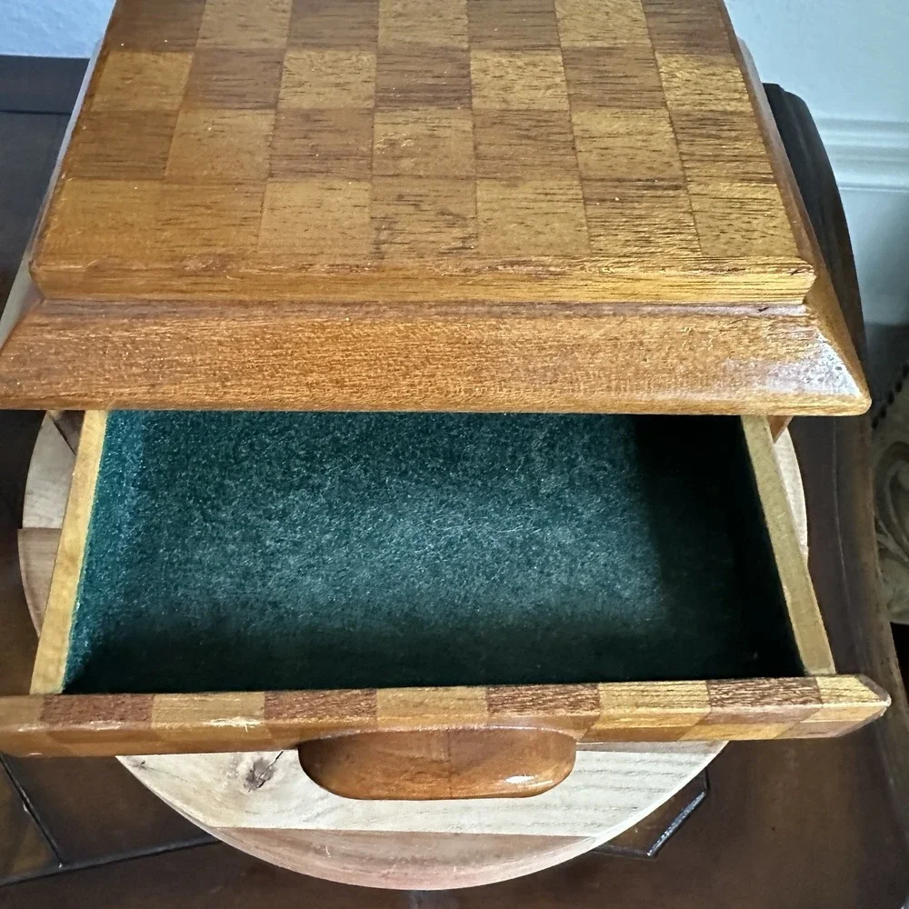 Vintage Wooden Jewelry Box 7x5x5 Inch Chest Checkered Inlay Drawers Green Lined